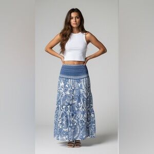 Bohemian Print Long Flared Shirred Skirt Blue